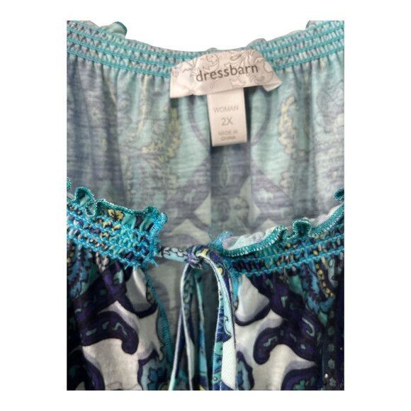 Dressbarn Women’s 2X Boho Peasant Top – Blue Paisley Smocked Flutter Sleeve Blou - Picture 2 of 7